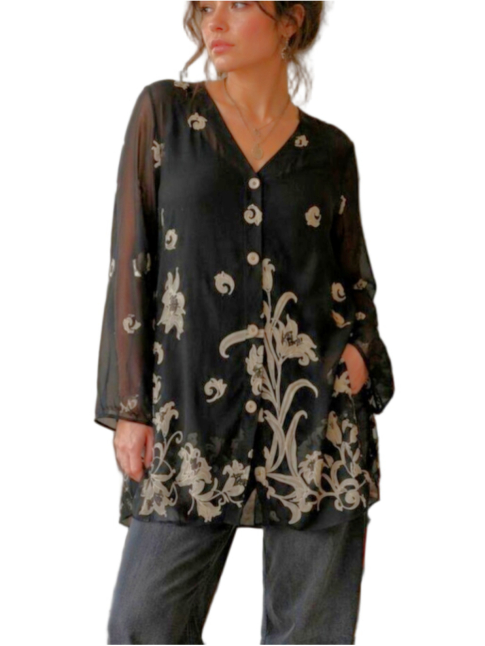 Vintage L’Amadei by D.P. Altomonte Tunic - Black/Beige Floral Embroidered L